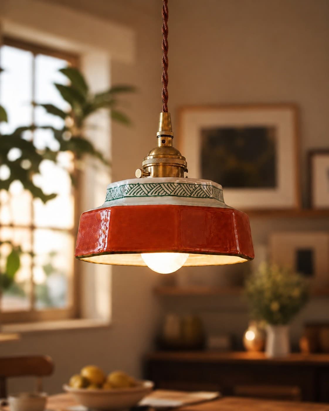 Red hand-painted ceramic pendant light