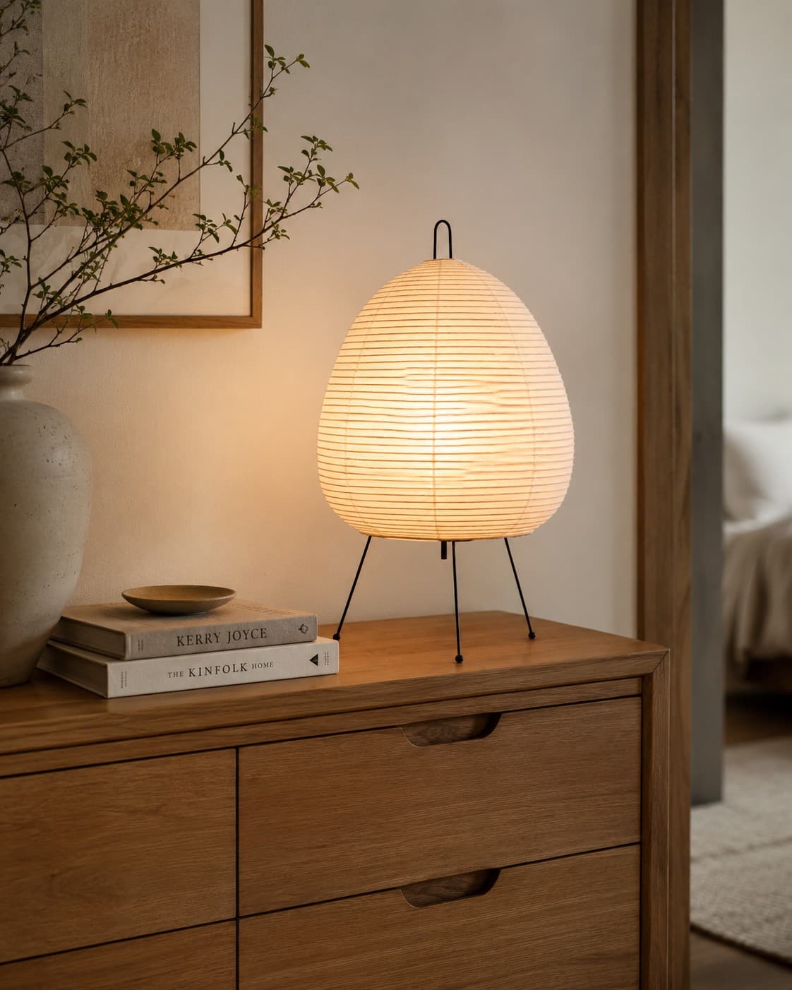 Japanese Rice Paper Table Lamp – Tripod Lantern Desk & Bedside Light lifestyle image
