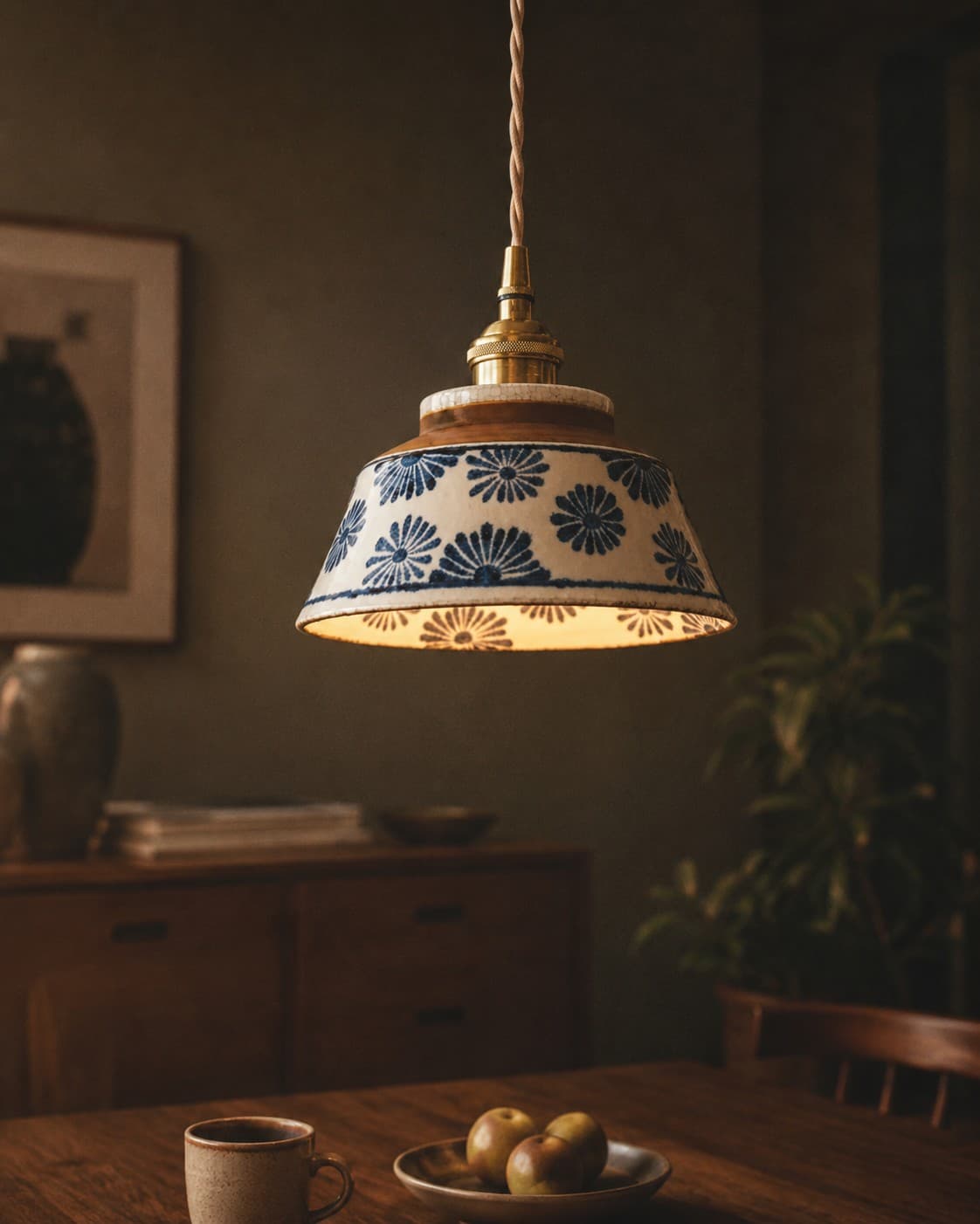 Retro Ceramic Pendant Light – Blue & White Glazed Hanging Lamp lifestyle image